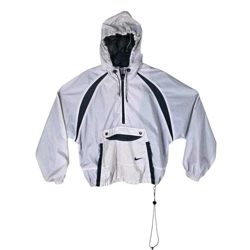 Vtg Nike Windbreaker Jacket Womens M 8-10 White Black 1/2 Zip Anorak Hooded